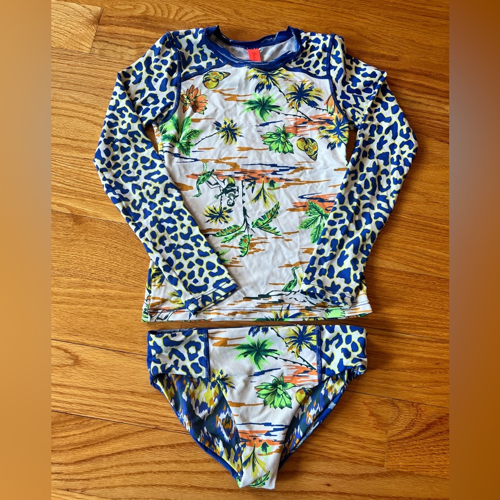 Maaji Girls Blue White Tropical Leopard Long Sleeve Rashguard Set